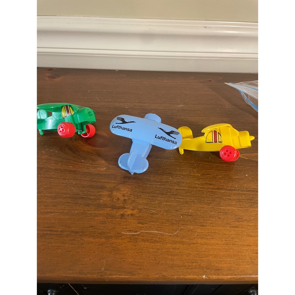 Vintage Plastic Biplane Toy Lot Lufthansa Blue Yellow Green Retro Toy Airplanes